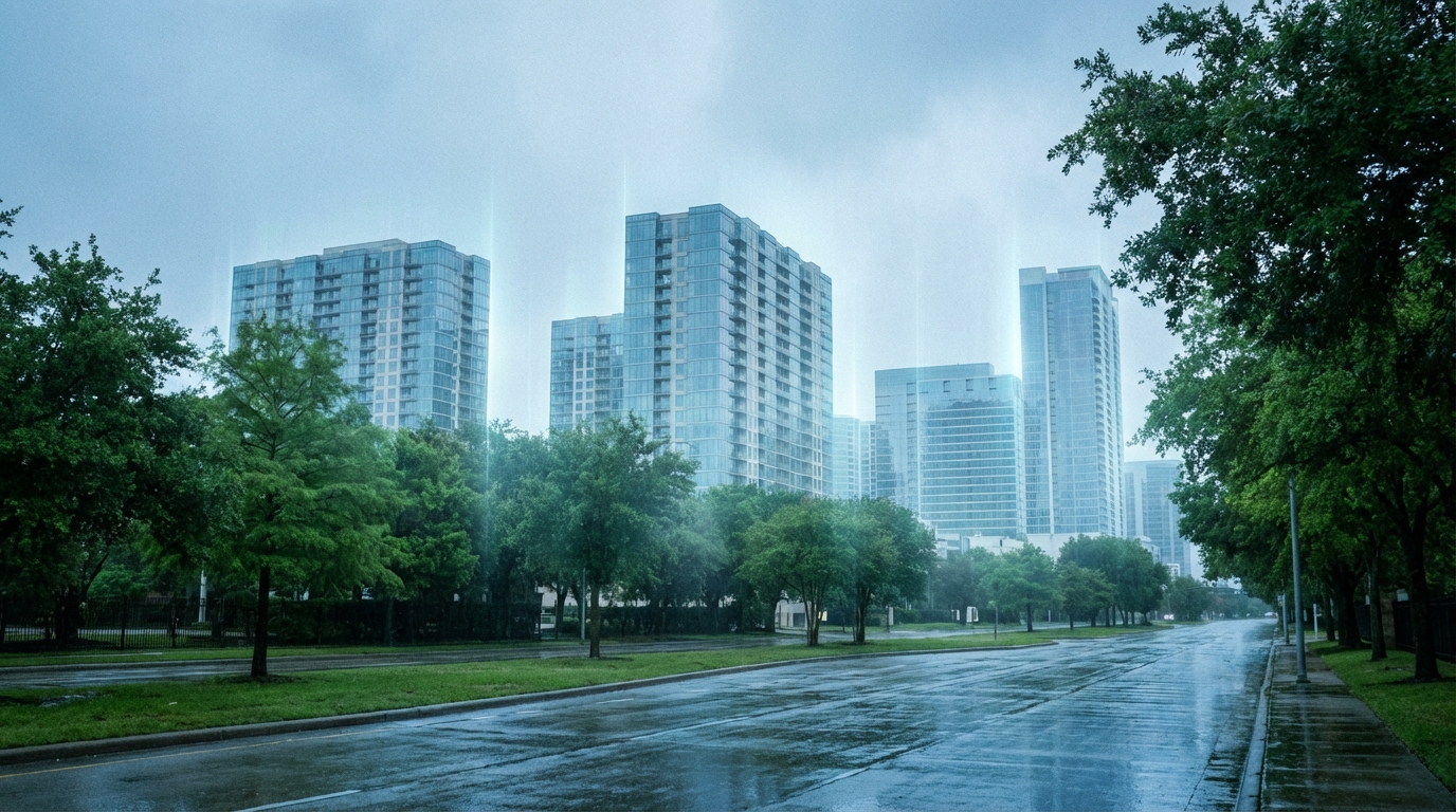 Houston residential towers and neighborhood trees after rain